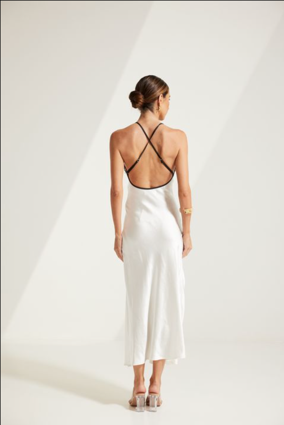 Cream Marina Silky Contrast Band Midi Dress