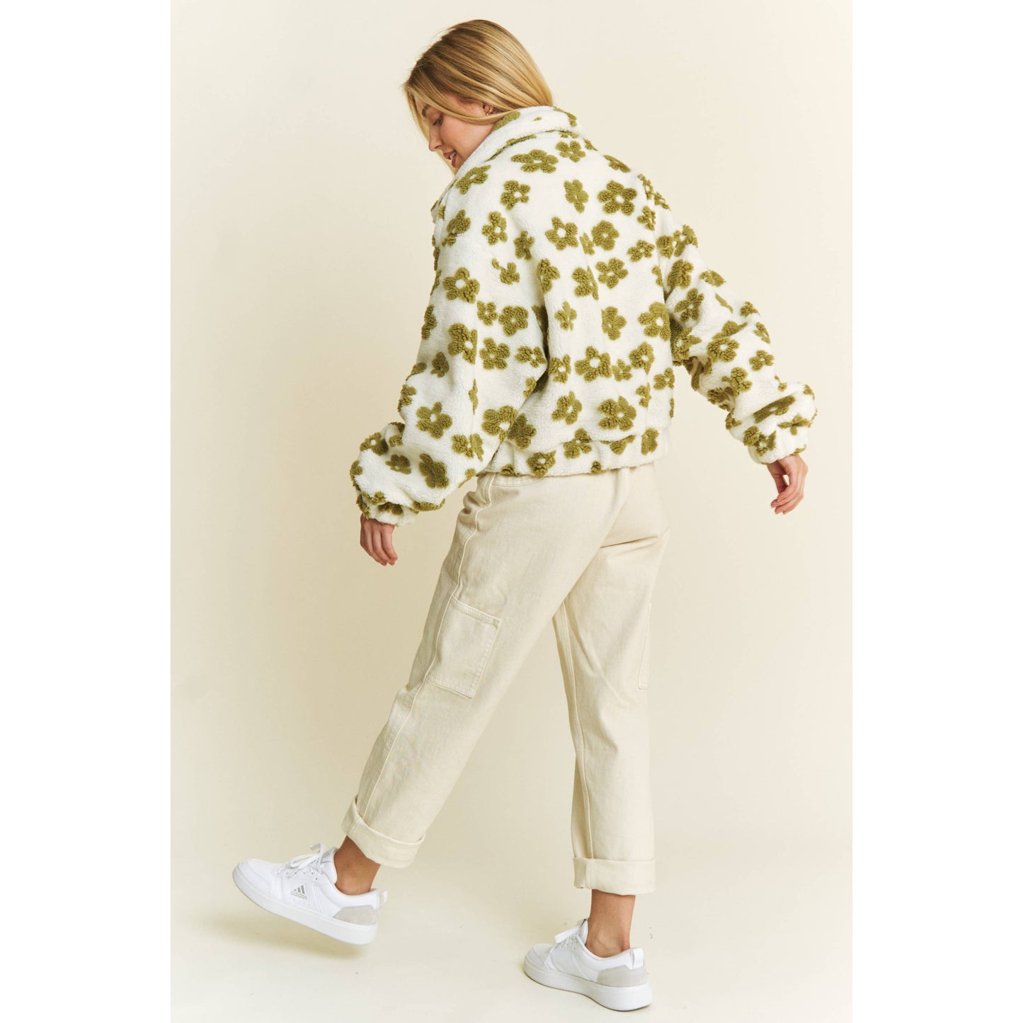 OVERSIZED TERRY BEAR FLEECE FLORAL COLOR BLOCK JACKET