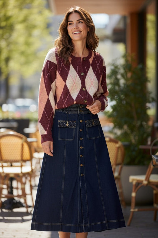 Wine Red Argyle Short Wool Cardigan