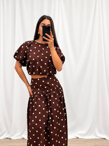 Chocolate Polka Dot Puff Sleeve Top