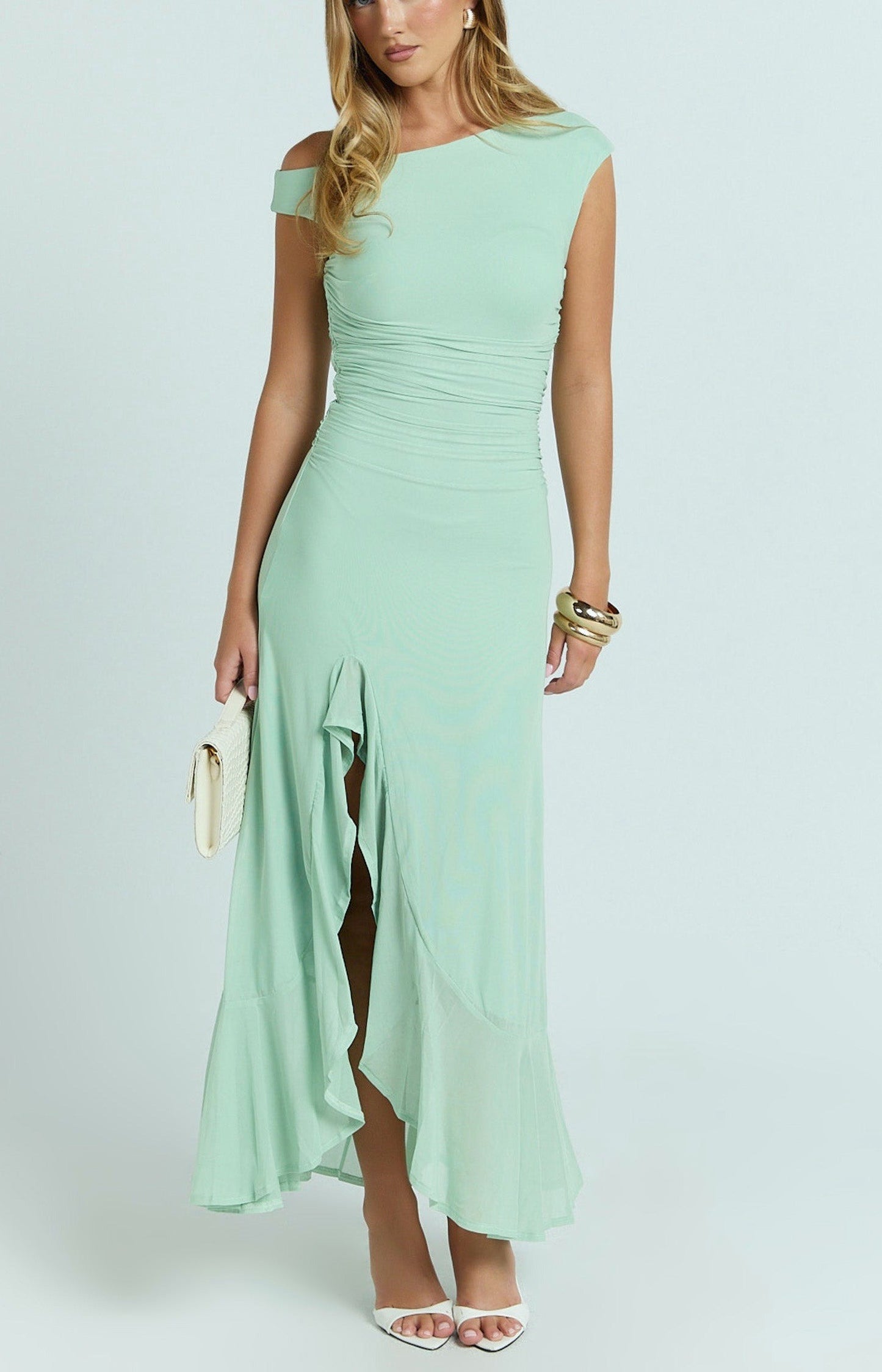 Elegant Ruched One-Shoulder Maxi Dress – Mint
