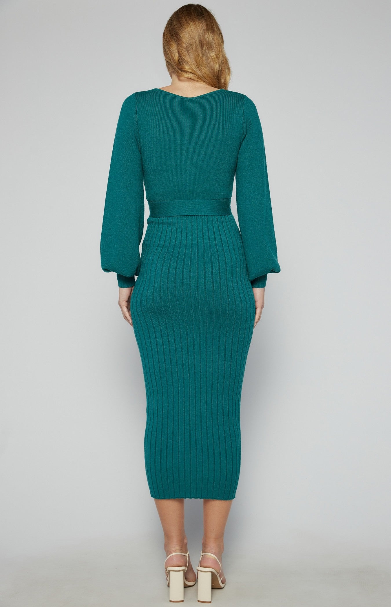 Teal Boat Neckline Bubble Sleeve Contrast Knit Midi Dress