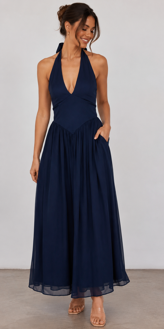 Alessia Navy Halter Maxi Dress