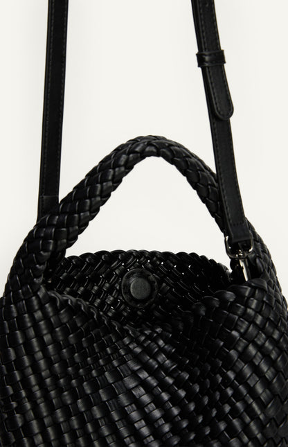 Black Woven Vegan Leather Handle Bag With Woven Pouch - ANGIE HANDLE BAG
