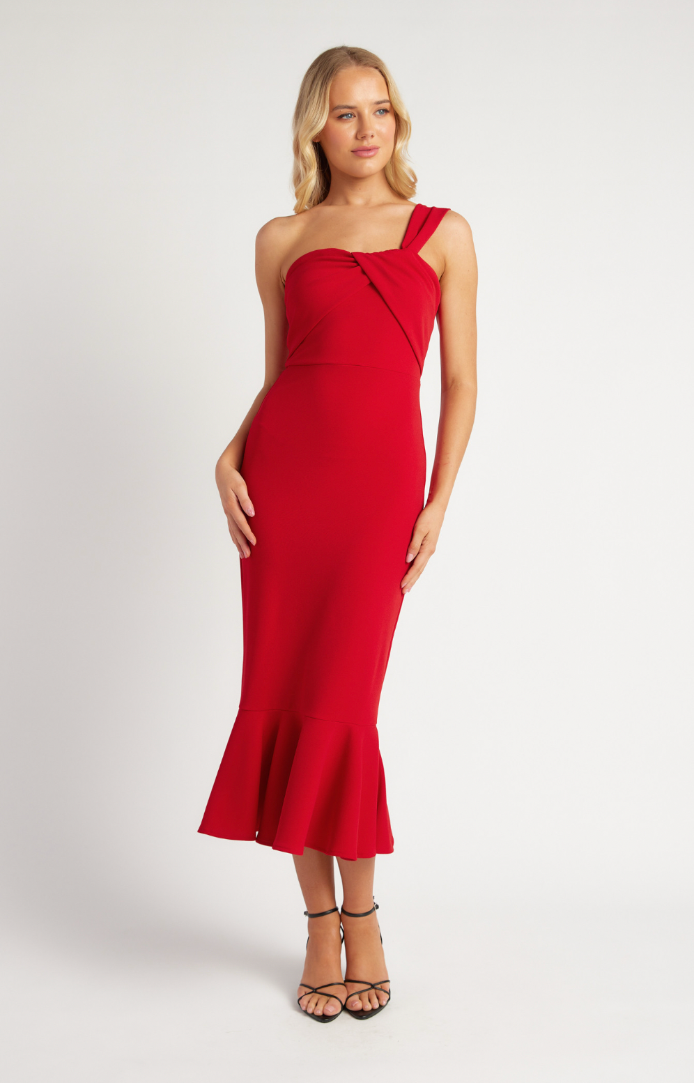 Mermaid Hem Front Twist Detail One Shoulder Dress