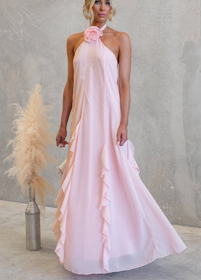 Blush Pink Marcella Rosette Halter Maxi Dress