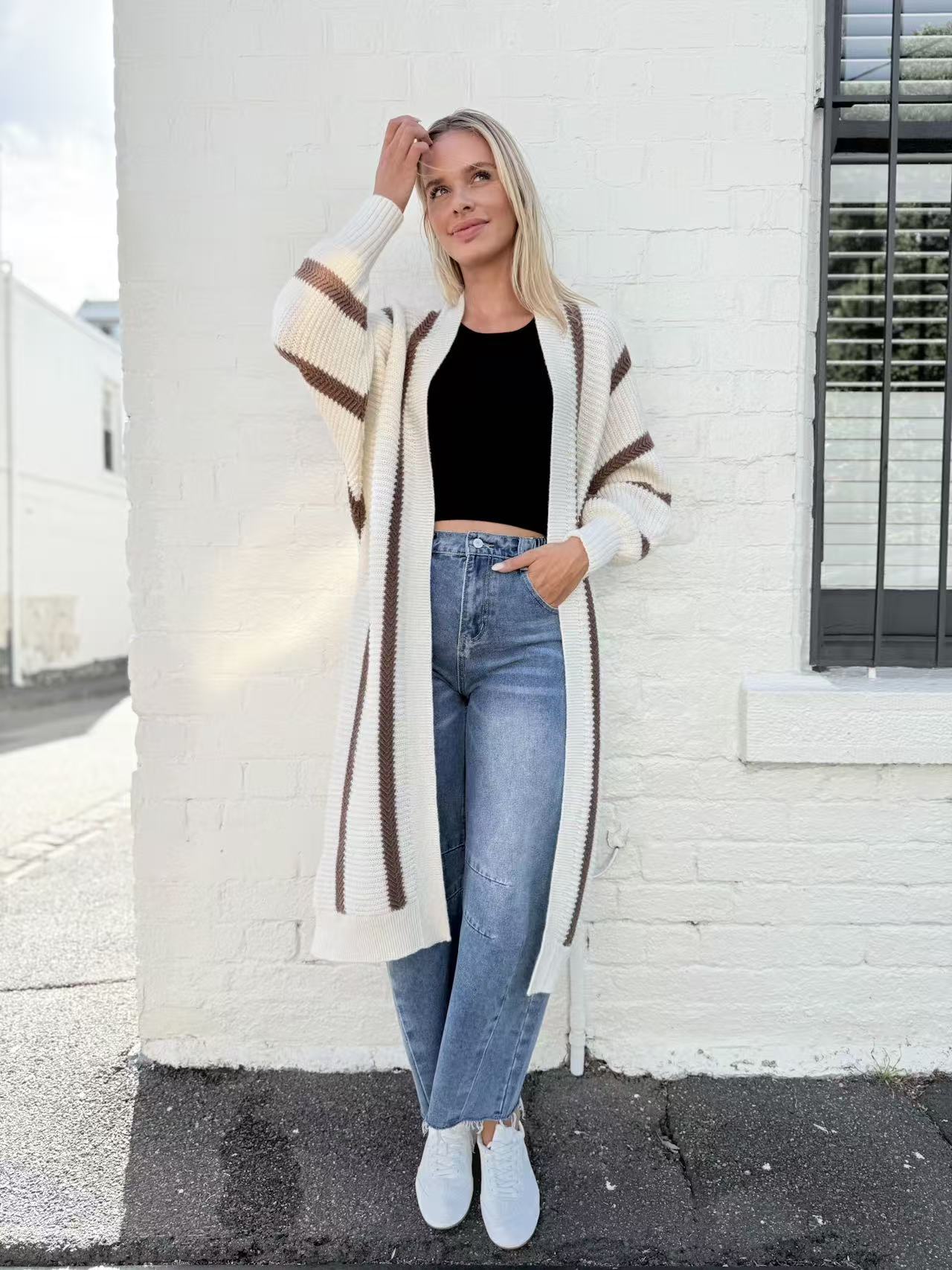 WOOL POL STRIPE CHUNKY LONG CARDI