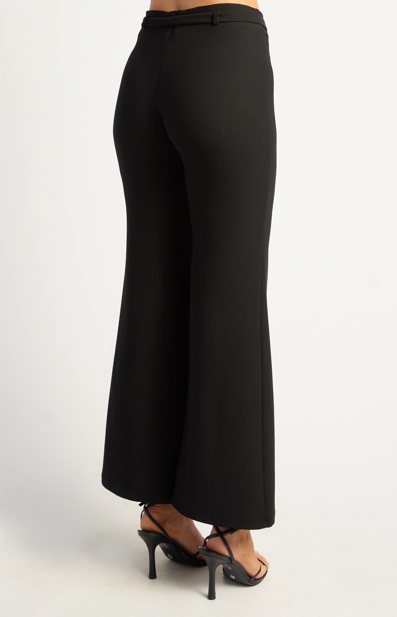 Black Boot Cut Jersey Pants with Gold Belt Buckle Detail