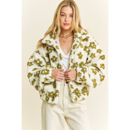 OVERSIZED TERRY BEAR FLEECE FLORAL COLOR BLOCK JACKET