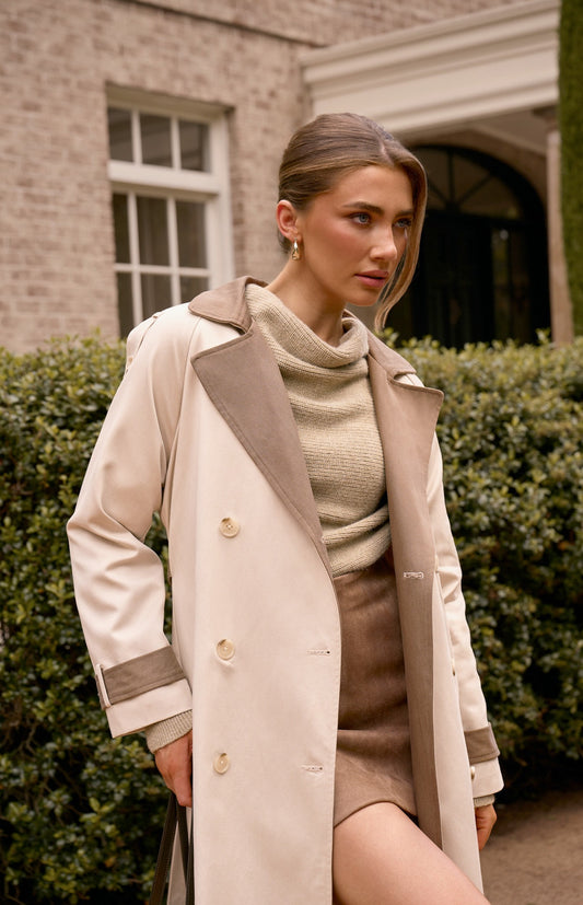 Almond Contrast Details Longline Trench Coat