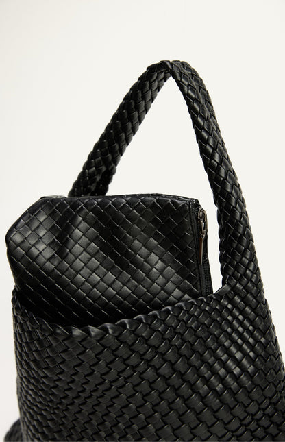 Black Woven Vegan Leather Hobo Bag with Pouch