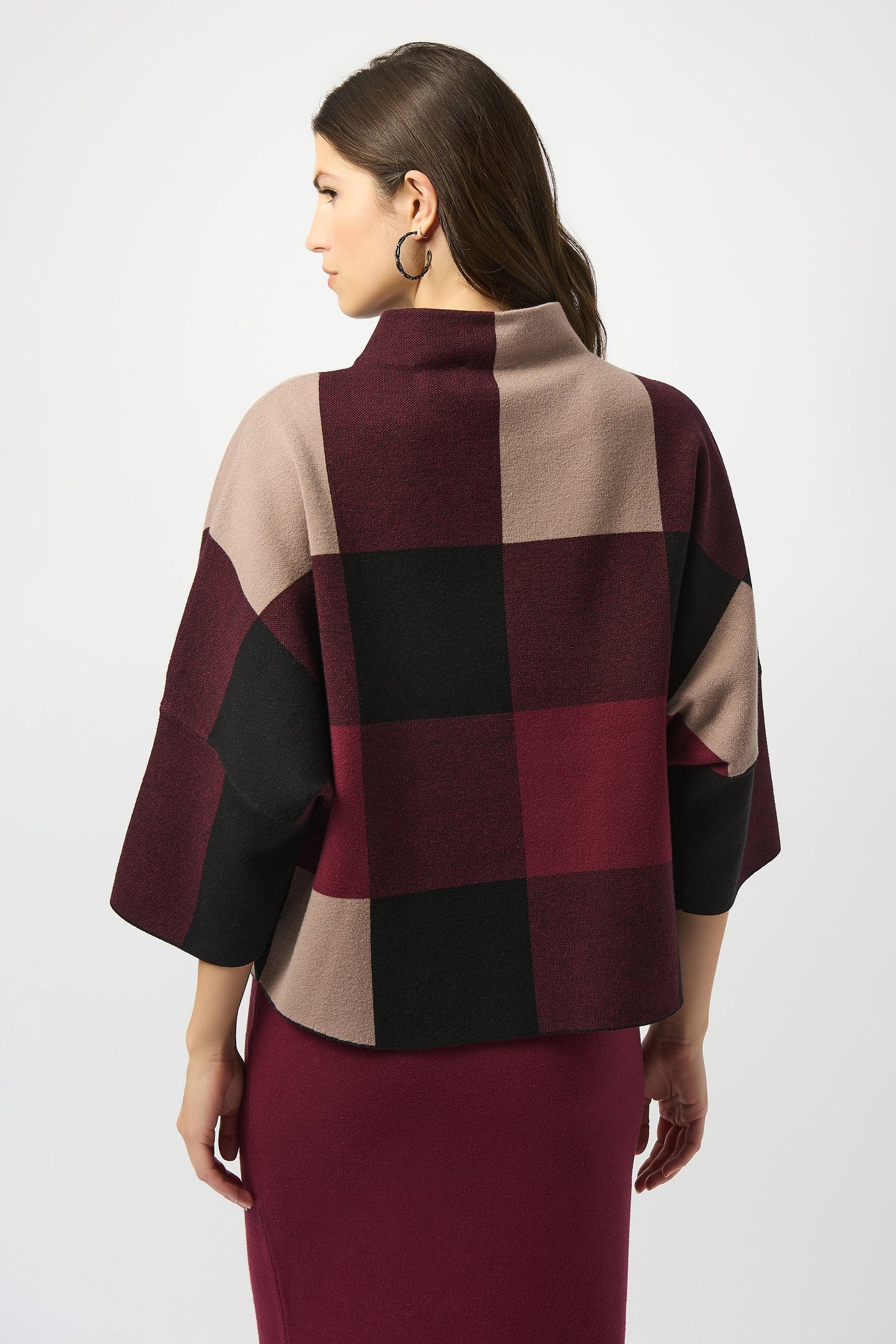 Plaid Jacquard Sweater Knit Top Merlot/Multi