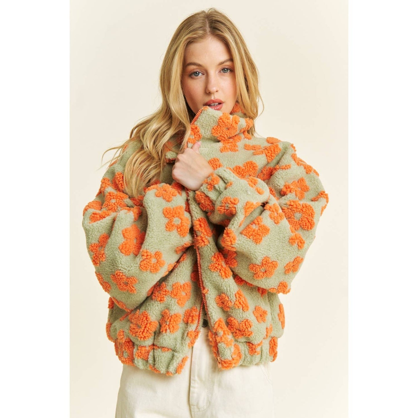 OVERSIZED TERRY BEAR FLEECE FLORAL COLOR BLOCK JACKET