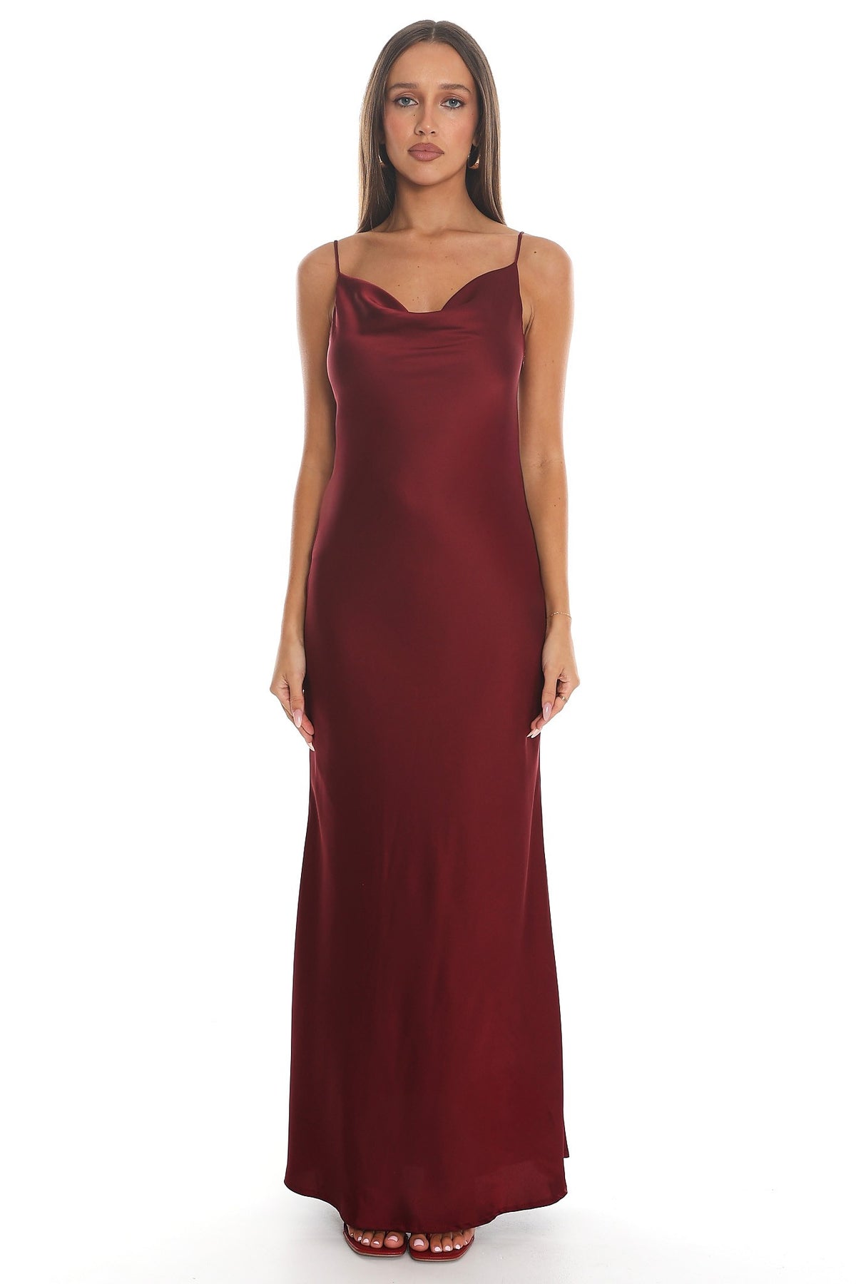 Celeste Satin Cowl Maxi Dress – Burgundy