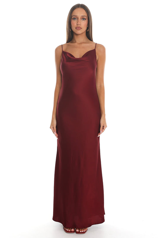 Celeste Satin Cowl Maxi Dress – Burgundy