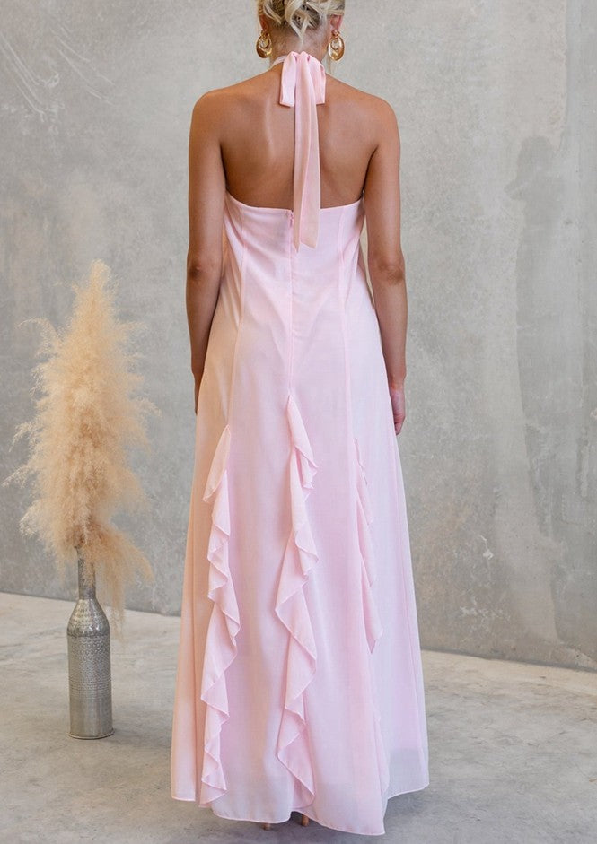 Blush Pink Marcella Rosette Halter Maxi Dress