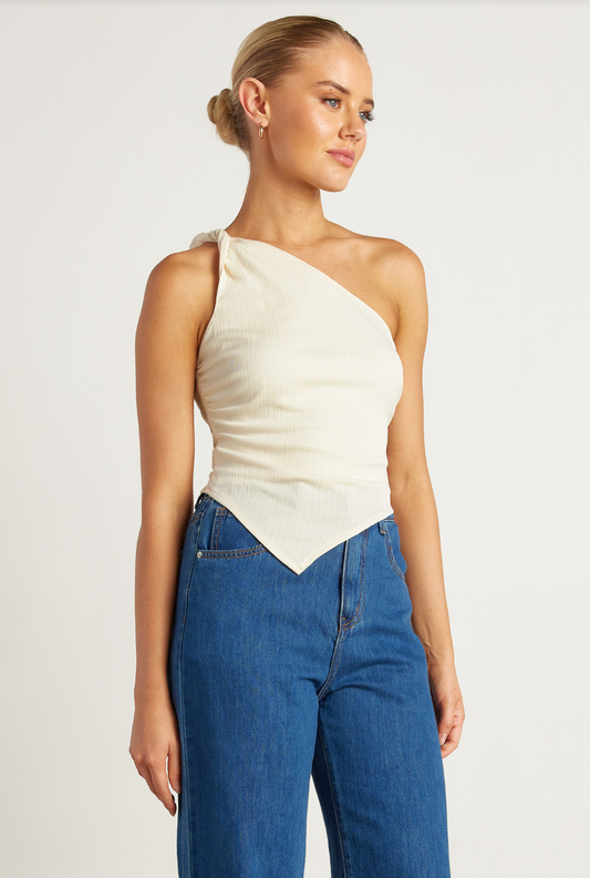White Textured Jersey Twist Detail Top with Asymmetic Hem