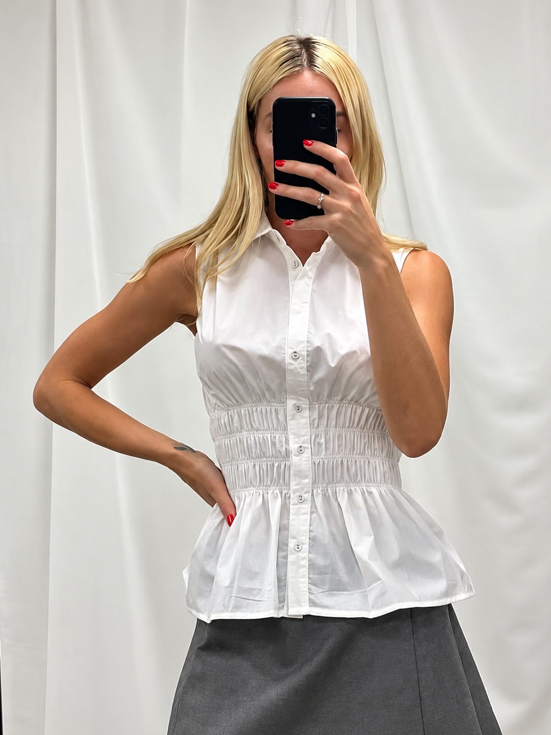 Ruched Button Down Sleeveless Shirt