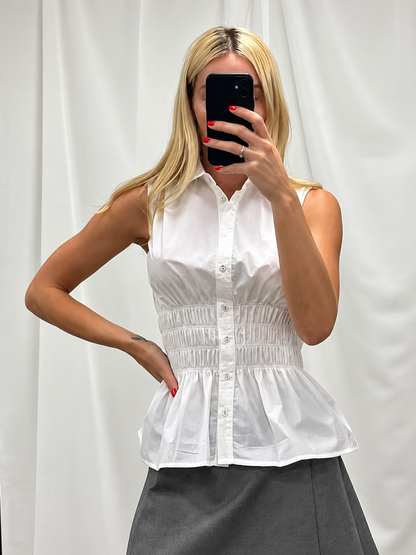 Ruched Button Down Sleeveless Shirt