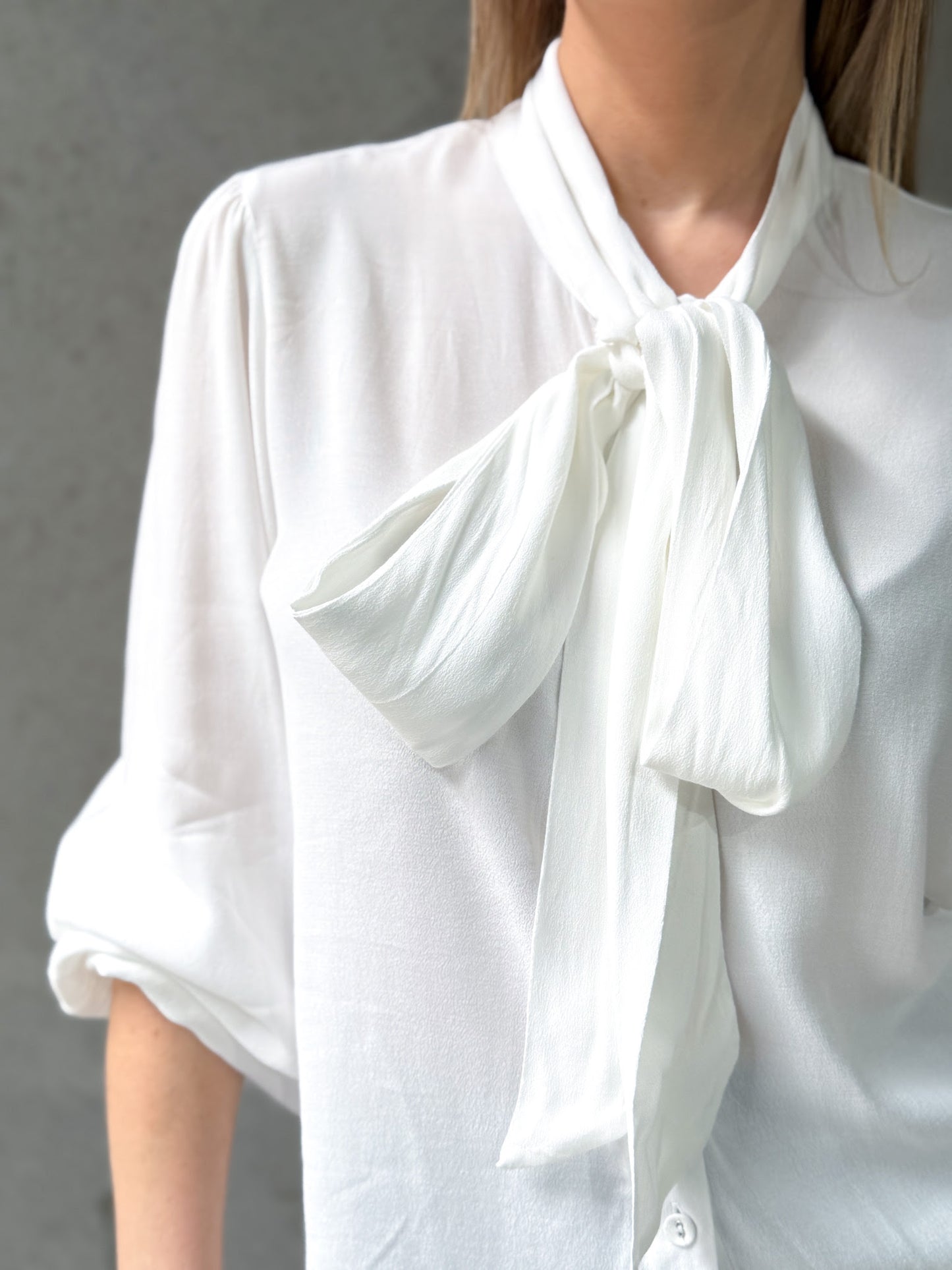 White Bow Tie Neck Blouse