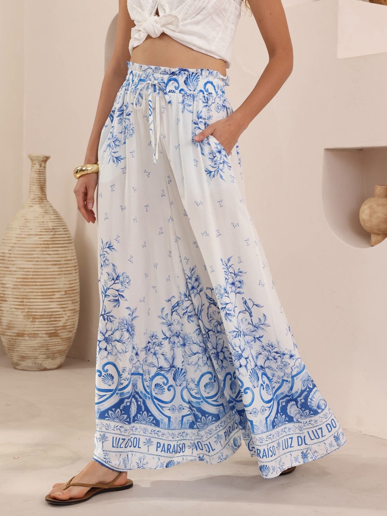 White Pants with Blue Flower Print