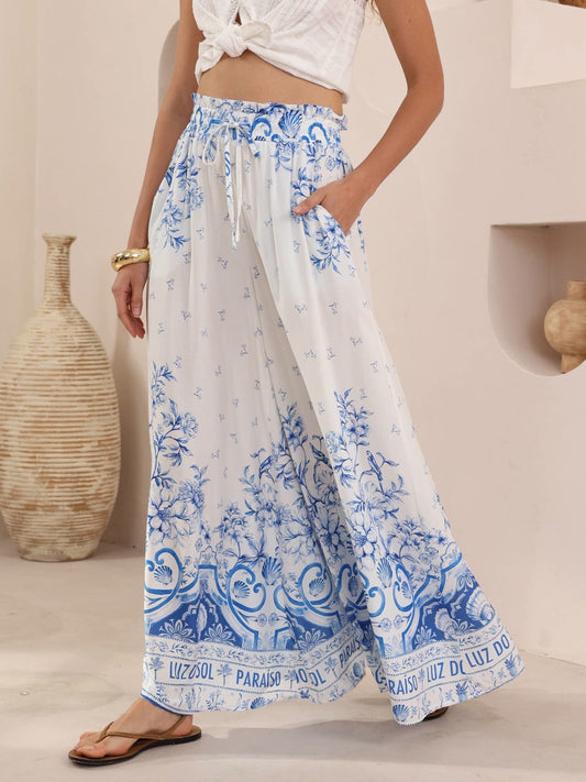 White Pants with Blue Flower Print