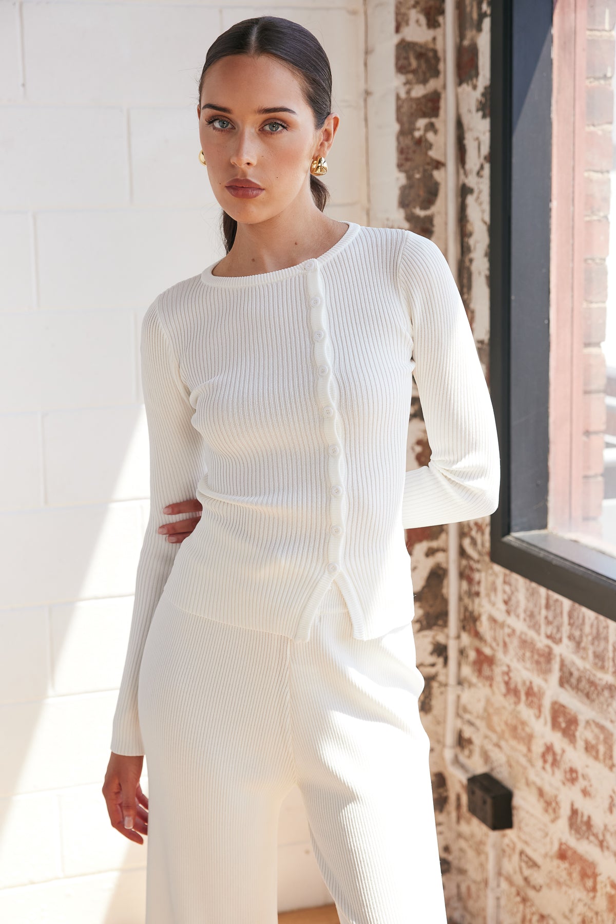 White Liv Crew Neck Ribbed Knit Top