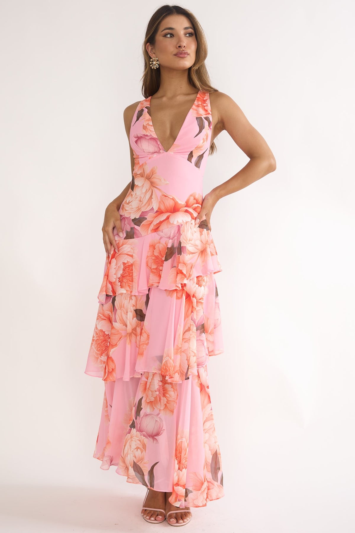 Azalea Pink Floral Tiered Maxi Dress