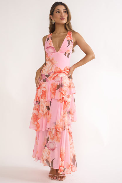 Azalea Pink Floral Tiered Maxi Dress