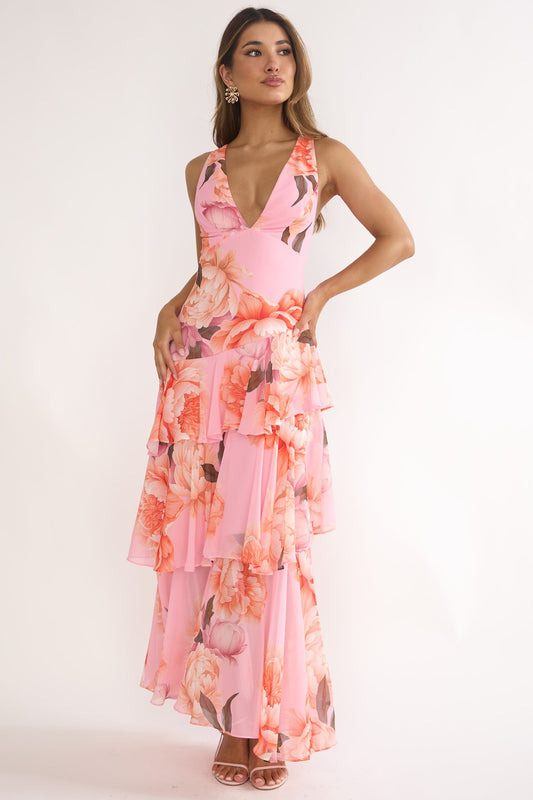 Azalea Pink Floral Tiered Maxi Dress