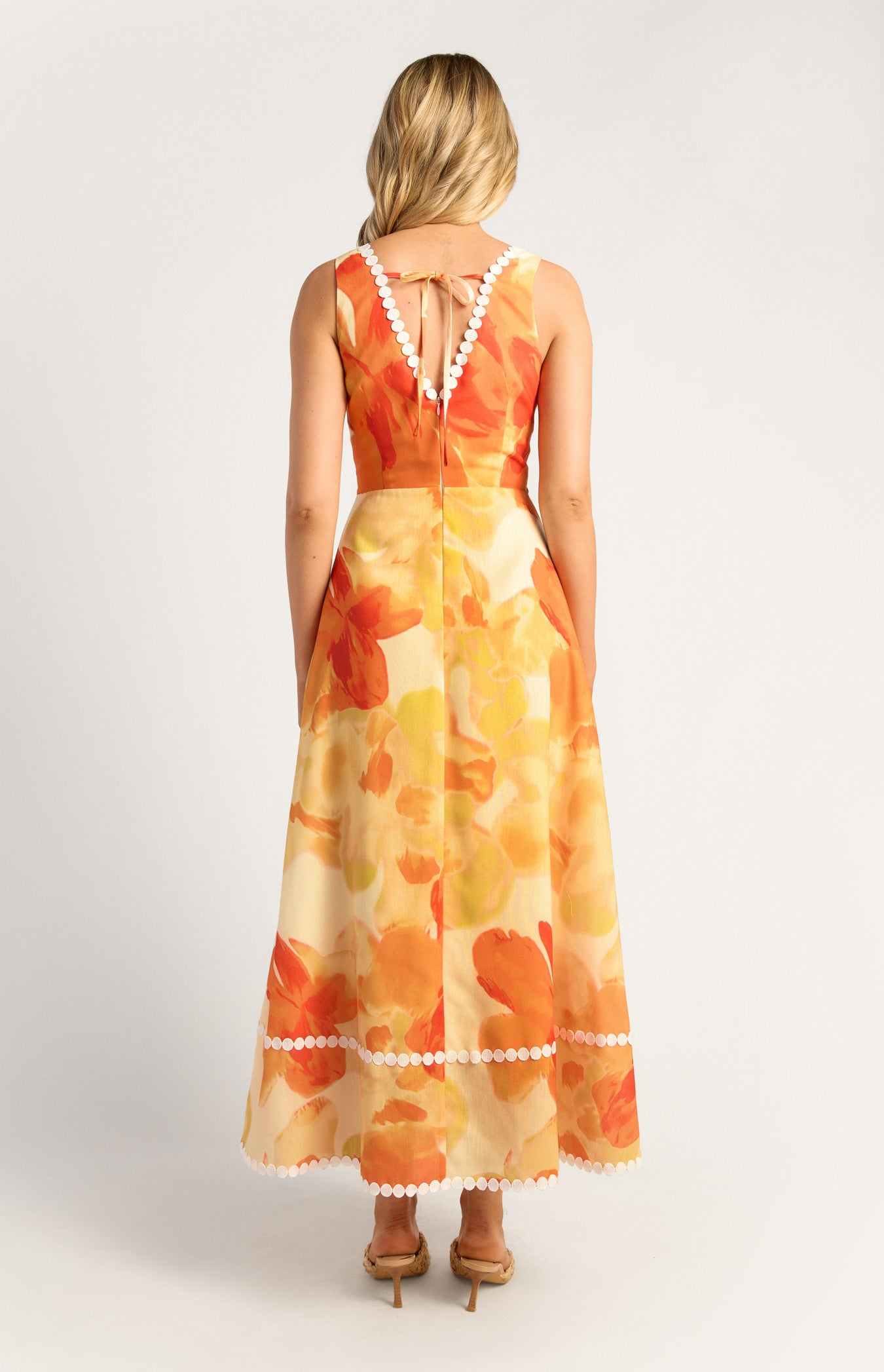 Island Floral Trim Detailing Faux Linen Maxi Dress