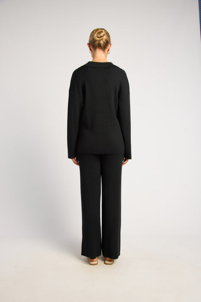 Black Ribbed Knit Set with Front Button Up