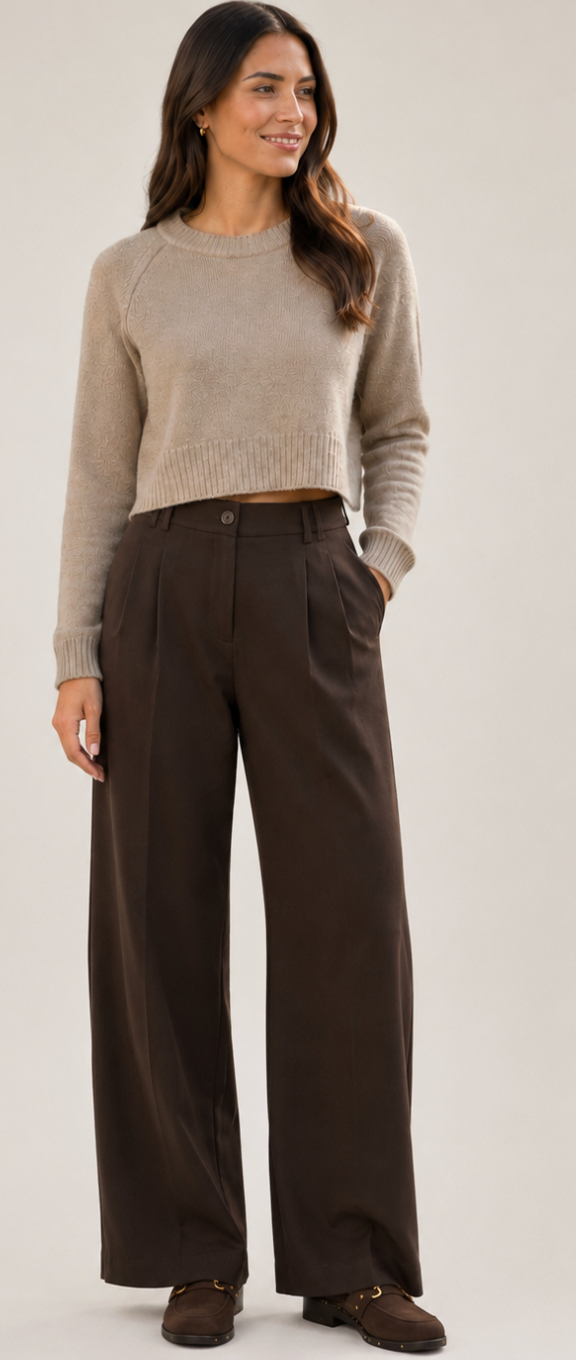 Brown Pleated Wide Leg Pants