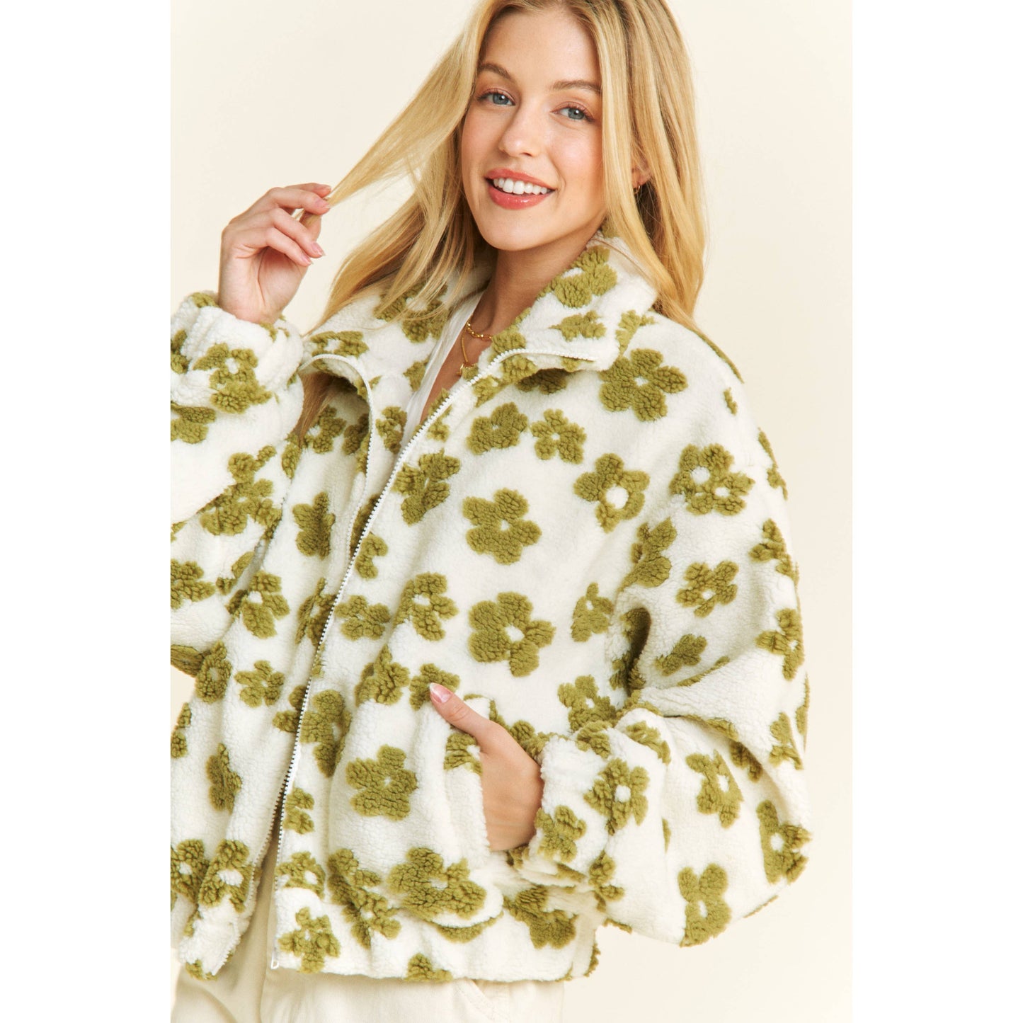 OVERSIZED TERRY BEAR FLEECE FLORAL COLOR BLOCK JACKET
