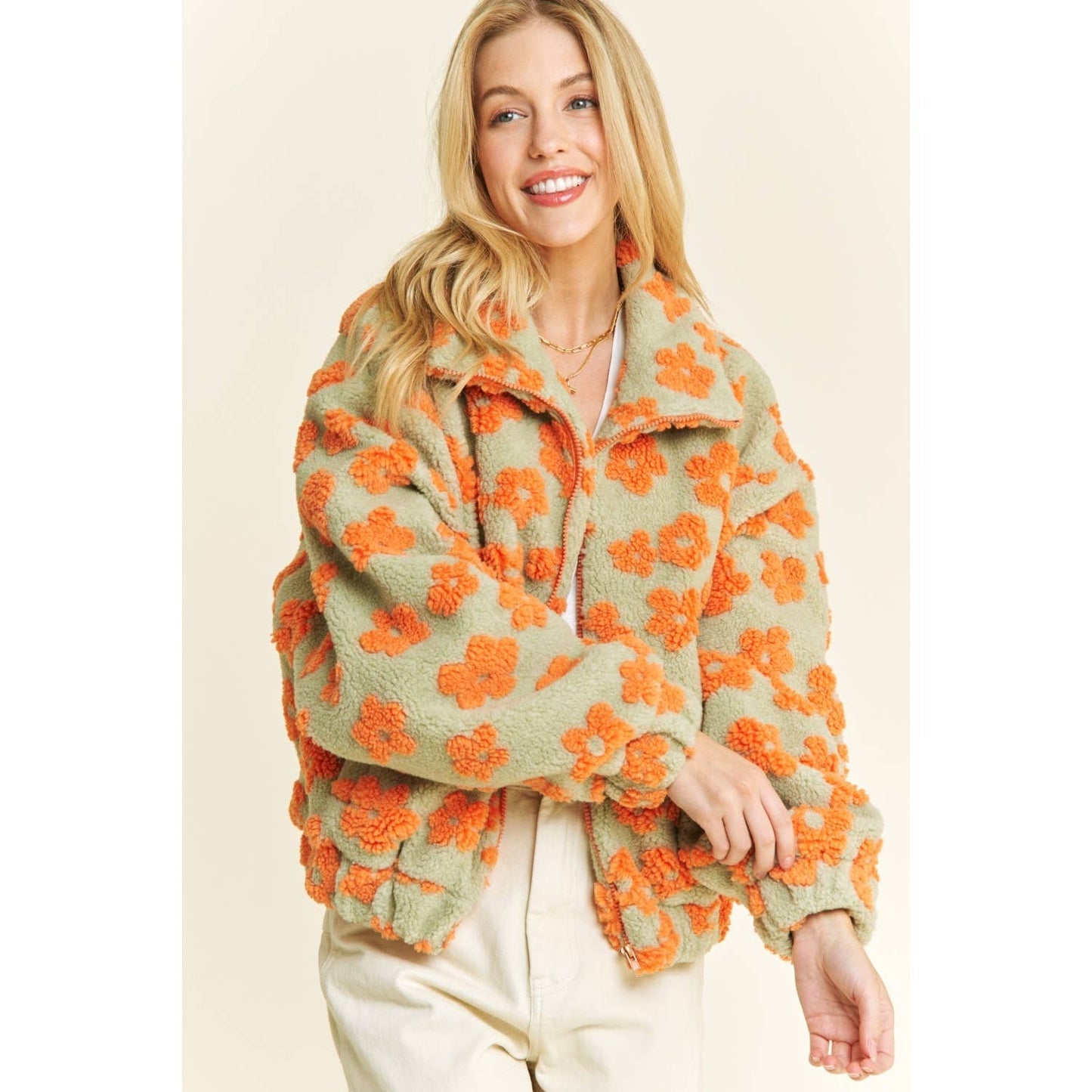 OVERSIZED TERRY BEAR FLEECE FLORAL COLOR BLOCK JACKET