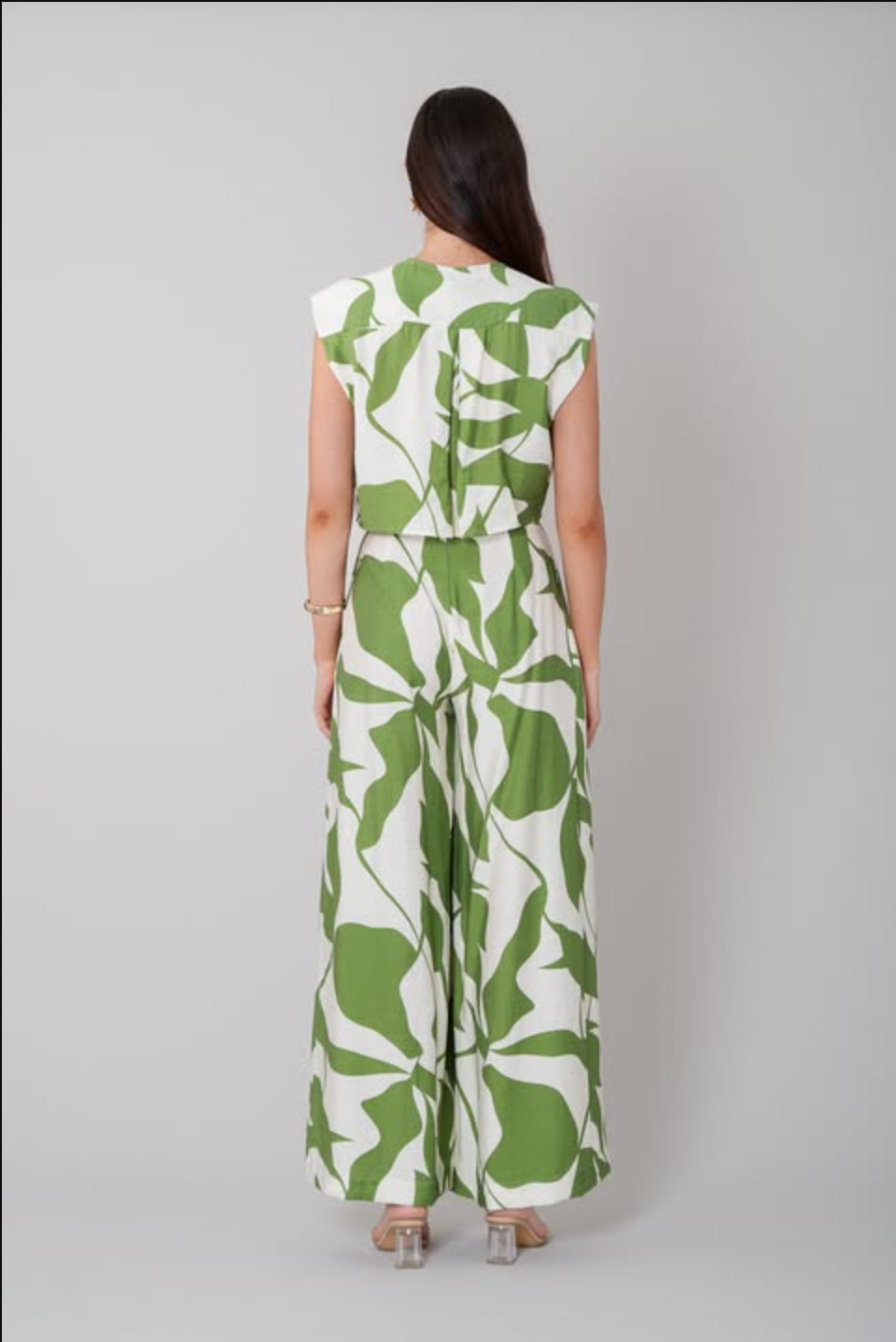 Green/Cream Kalmia Leaf Print Wrap Front Top with Collar