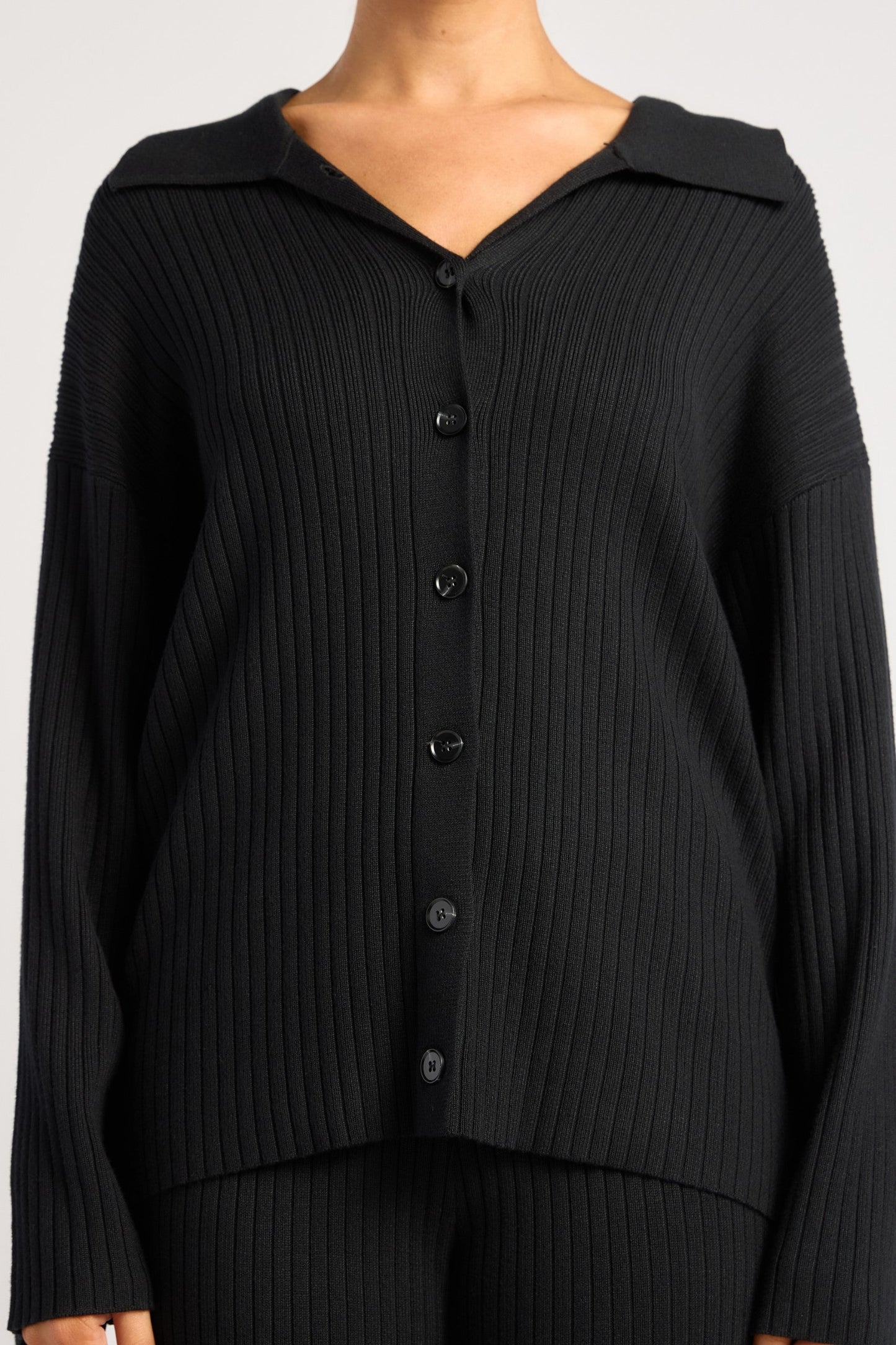Black Ribbed Knit Set with Front Button Up