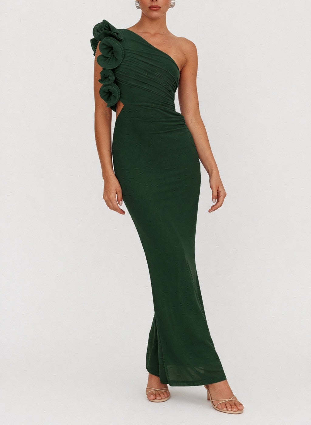Emerald One-Shoulder Floral Maxi Dress