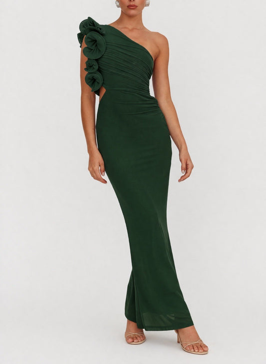 Emerald One-Shoulder Floral Maxi Dress