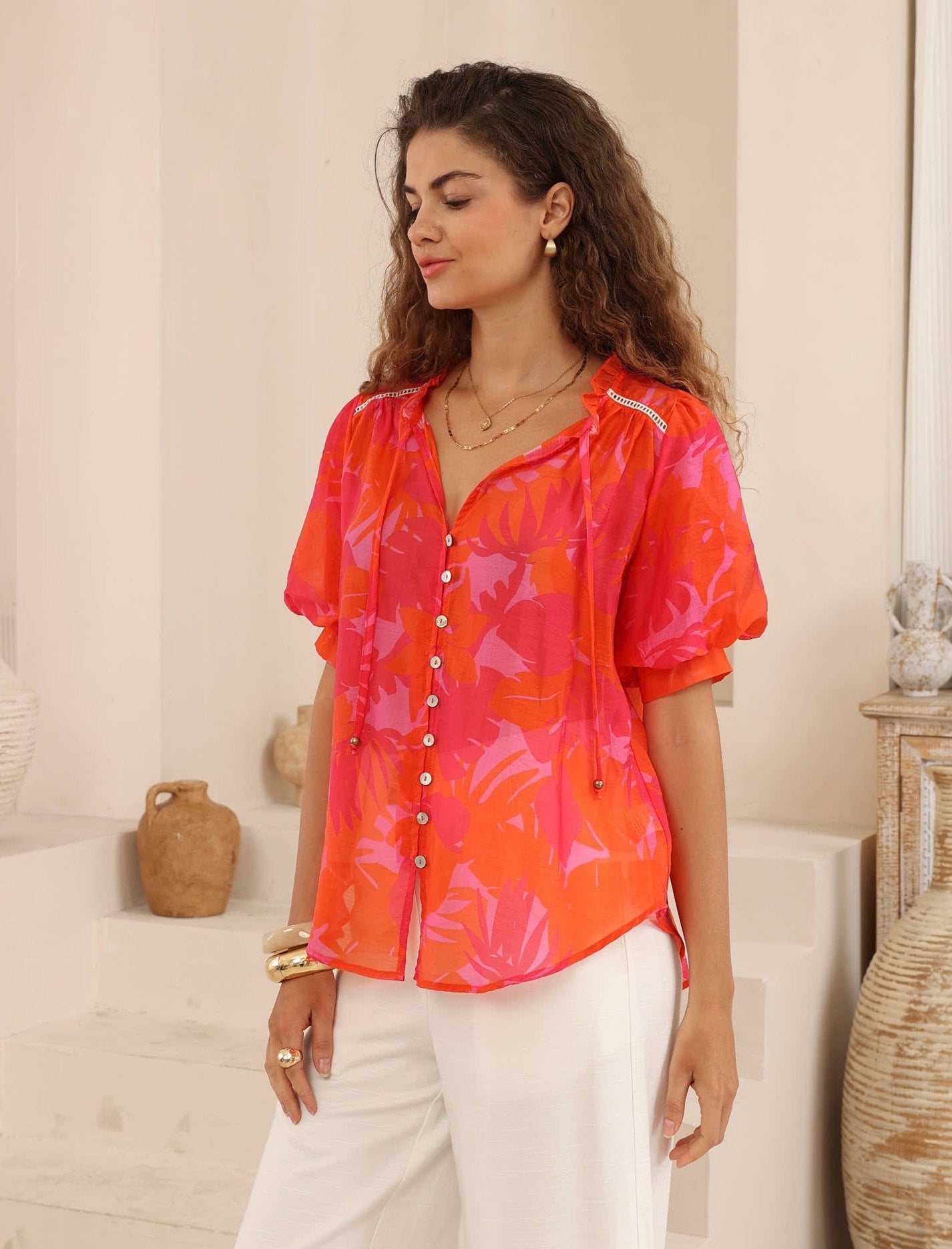 Tropical Puff Sleeve Button-up Blouse