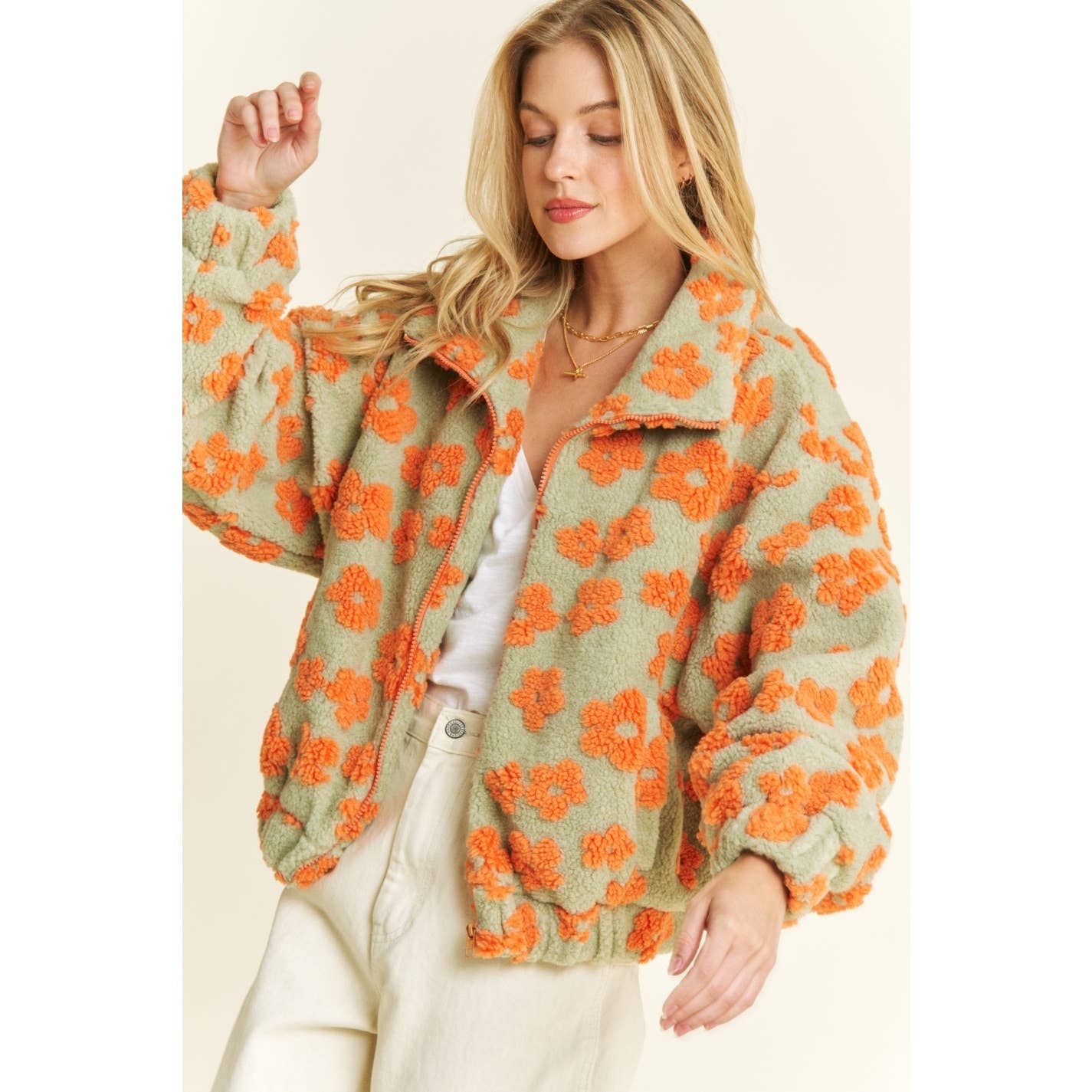 OVERSIZED TERRY BEAR FLEECE FLORAL COLOR BLOCK JACKET