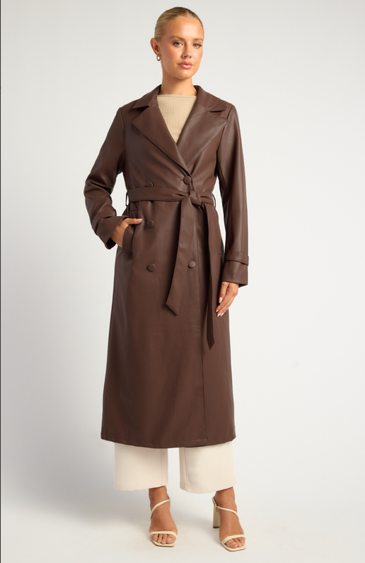 Dark Faux Leather Double Breasted Longline Trench Coat