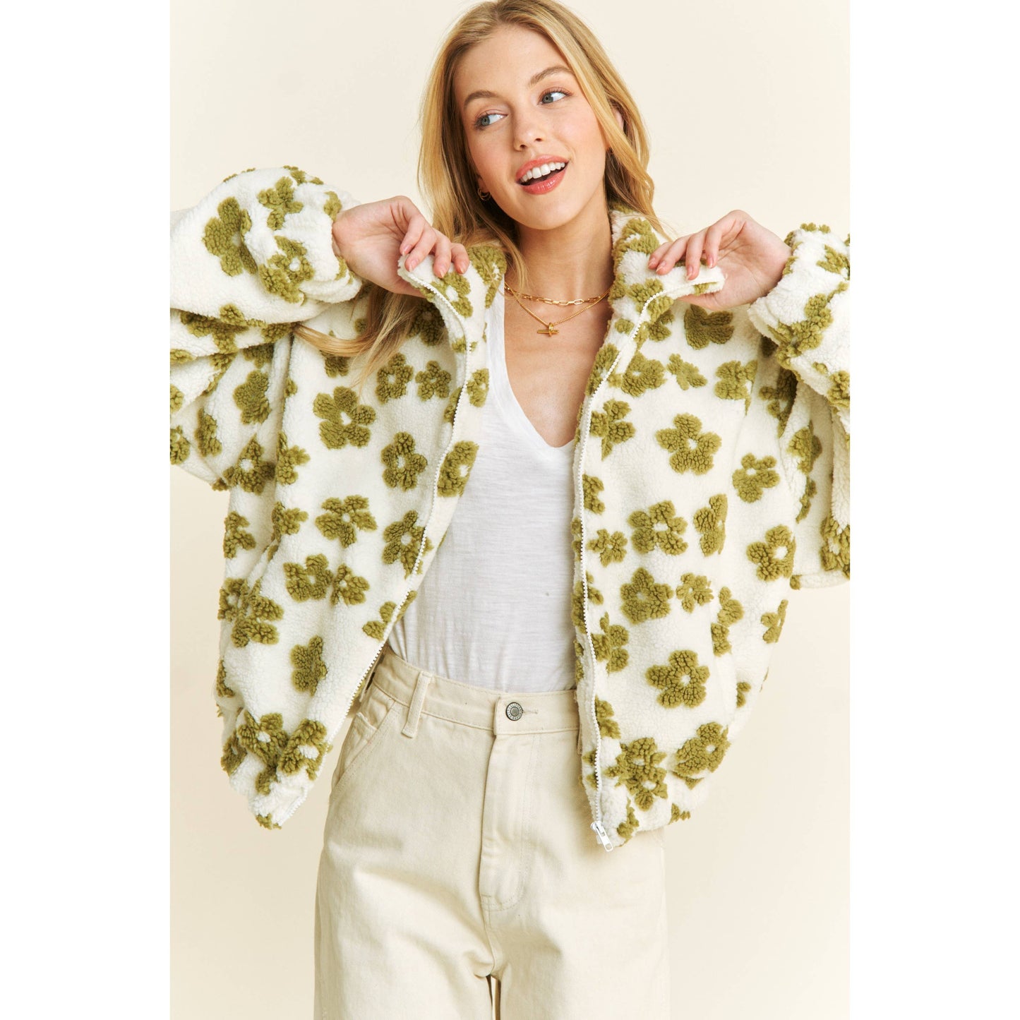 OVERSIZED TERRY BEAR FLEECE FLORAL COLOR BLOCK JACKET