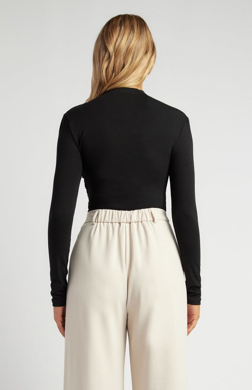 Black Stretch Jersey Top with Front Ruched Details