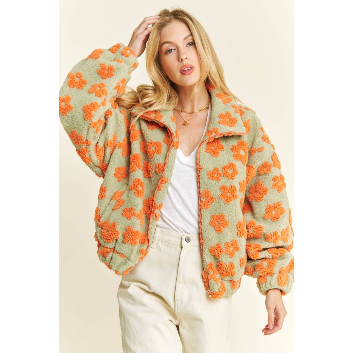 OVERSIZED TERRY BEAR FLEECE FLORAL COLOR BLOCK JACKET