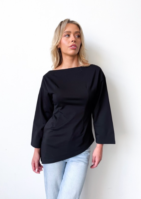 Black Cotton Boat Neck Asymmetrical Hem Top