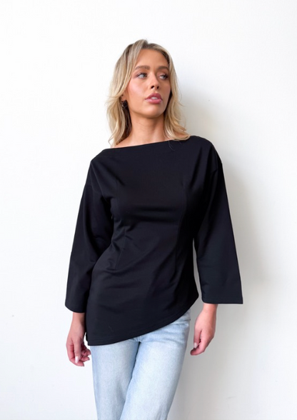 Black Cotton Boat Neck Asymmetrical Hem Top