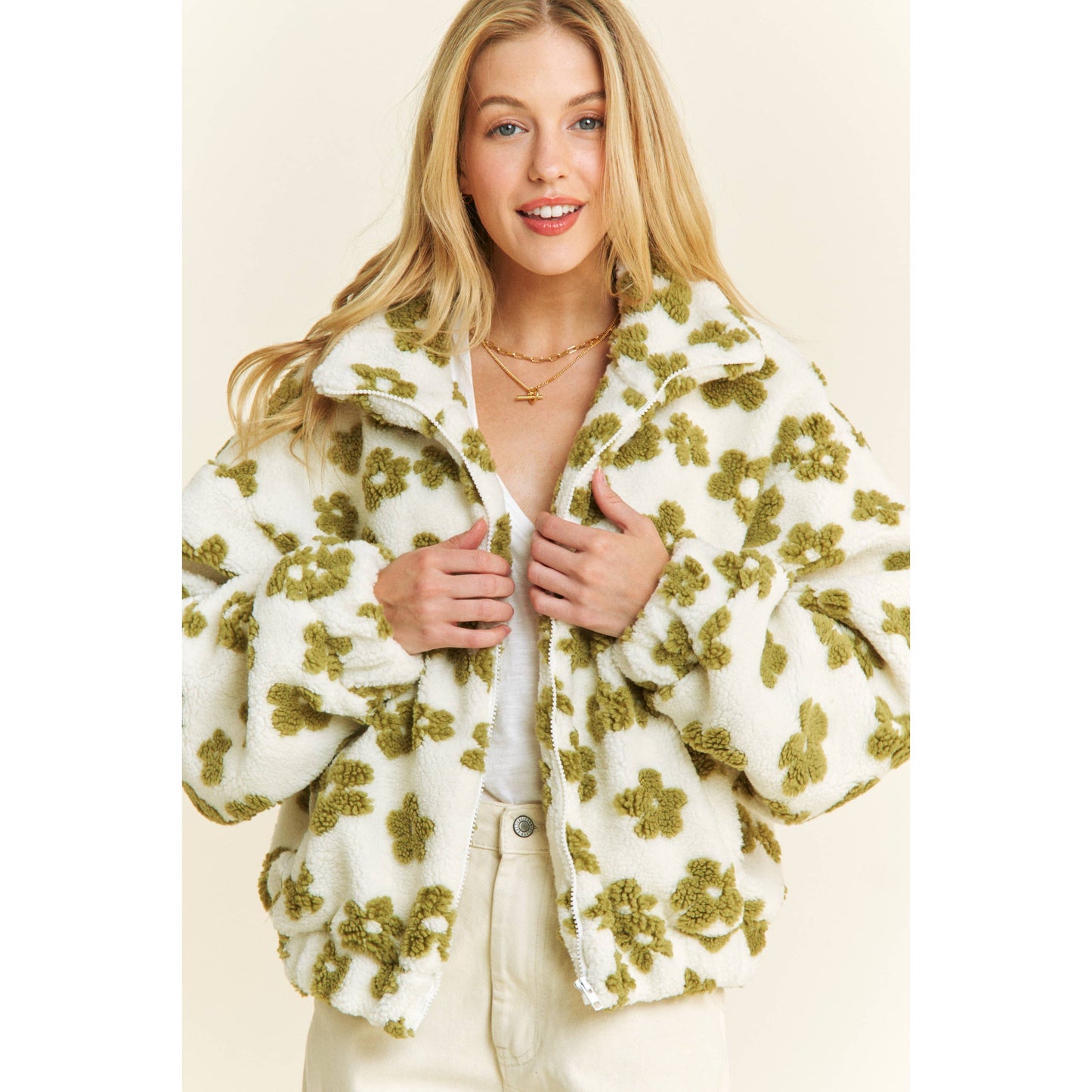 OVERSIZED TERRY BEAR FLEECE FLORAL COLOR BLOCK JACKET