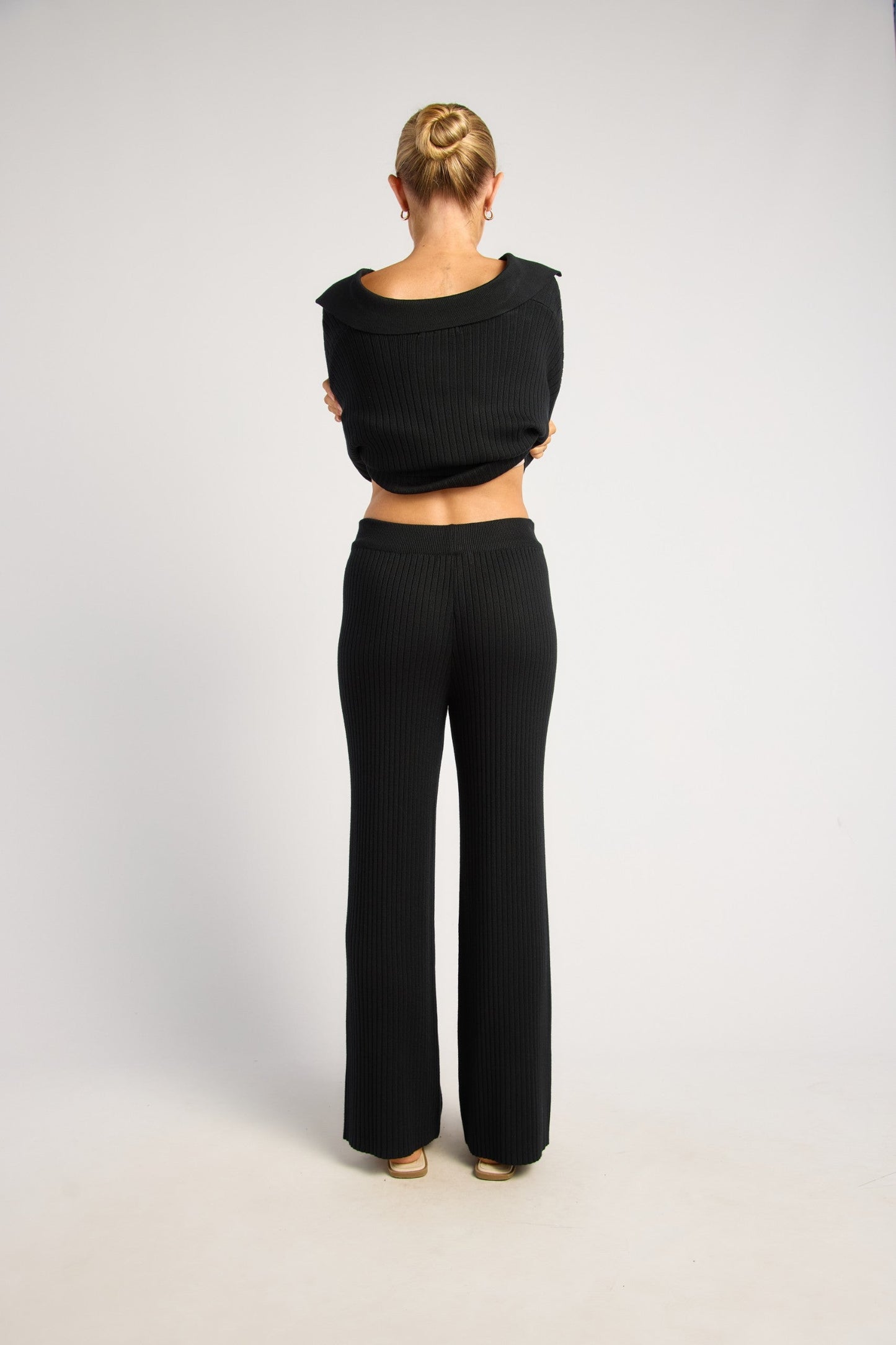 Black Ribbed Knit Set with Front Button Up