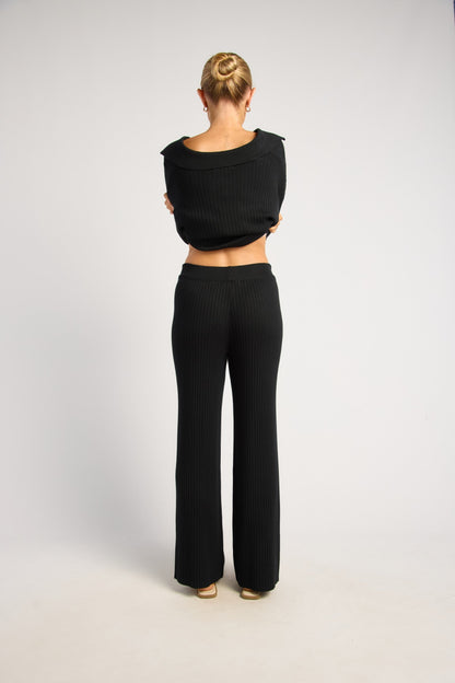 Black Ribbed Knit Set with Front Button Up